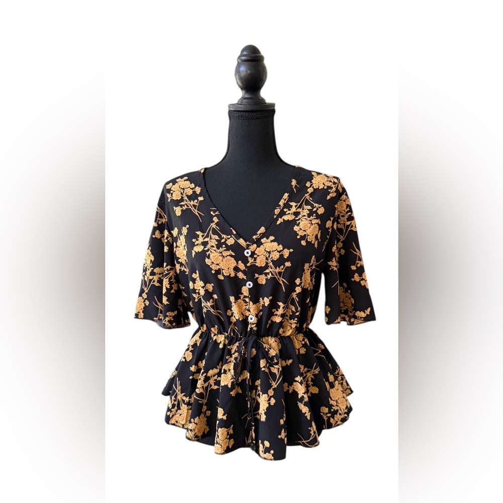 Black Floral Button-Up Peplum Top with an Elastic Waistband and tie
